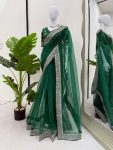 RICH LOOK ORGANZA SILK THREAD AND SEQUENCE WORK WITH LCD DIAMOND WORK SAREE WITH UNSTITCHED BLOUSE PARTY WEAR WHOLESALE PRICE ETHNIC GARMENT (17)
