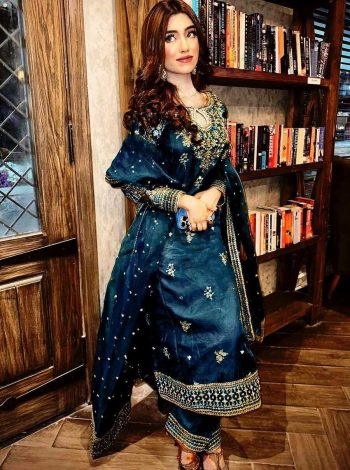 RICH LOOK ORGANZA SILK ZARI AND SEQUENCE EMBROIDERY WORK TOP PALAZZO WITH DUPATTA NAVY BLUE