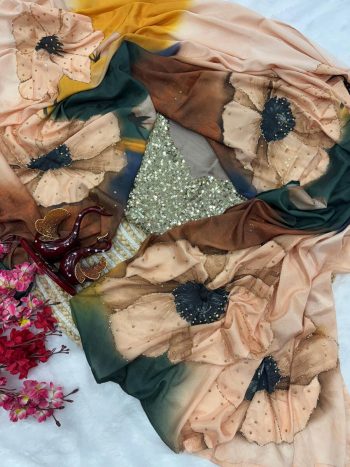 RICH LOOK SATIN CREPE FLORAL PRINT WITH CUT DANA AND PEARLS HANDWORK SAREE WITH UNSTITCHED BLOUSE CREAM