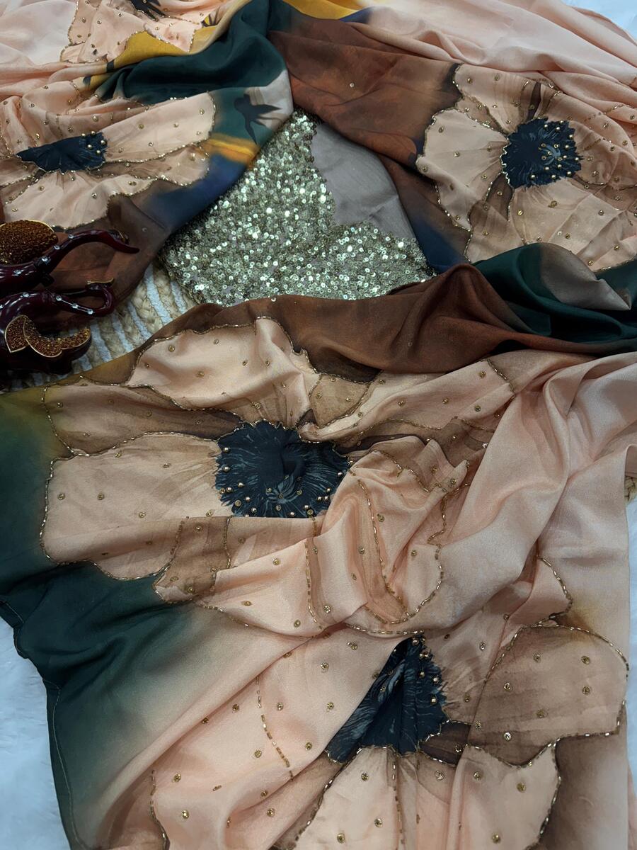 RICH LOOK SATIN CREPE FLORAL PRINT WITH CUT DANA AND PEARLS HANDWORK SAREE WITH UNSTITCHED BLOUSE CASUAL WEAR WHOLESALE PRICE ETHNIC GARMENT (5)