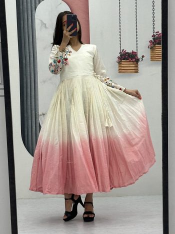 RICH LOOK SOFT COTTON THREAD EMBROIDERY WORK ONE PIECE DRESS PEACH