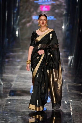 RICH LOOK SOFT LICHI SILK JACQUARD WORK SAREE WITH UNSTITCHED BLOUSE BLACK