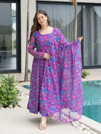 RICH LOOK SOFT ORGANZA FLORAL PRINTED ANARKALI GOWN BOTTOM WITH DUPATTA  PURPLE