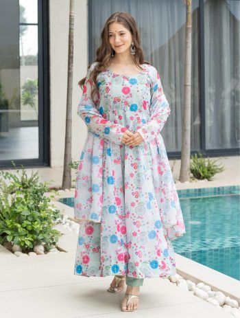 RICH LOOK SOFT ORGANZA FLORAL PRINTED ANARKALI GOWN BOTTOM WITH DUPATTA MINT