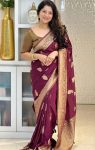 RICH LOOK SOFT SILK GOLD  ZARI WEAVING WORK SAREE WITH INSTITCHED BLOUSE MAROON