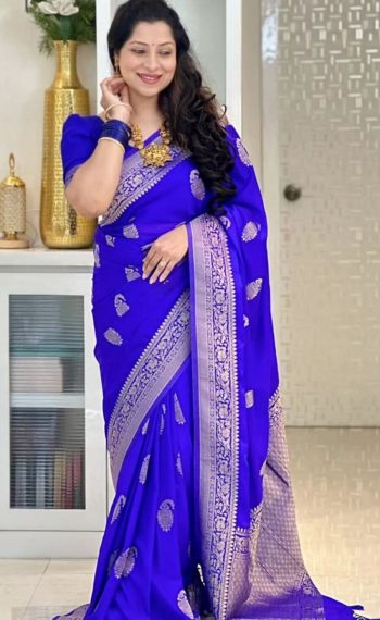 RICH LOOK SOFT SILK GOLD ZARI WEAVING WORK SAREE WITH INSTITCHED BLOUSE BLUE