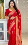 RICH LOOK SOFT SILK GOLD  ZARI WEAVING WORK SAREE WITH INSTITCHED BLOUSE RED