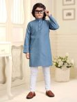 TRADITIONAL COTTON SILVER WEAVING LINE KID'S WEAR KURTA WITH PAYJAMA GREY