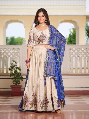 TRADITIONAL TISSUE SILK EMBROIDERY THREAD SEQUENCE WORK LEHENGA CHOLI WITH DUPATTA BLUE