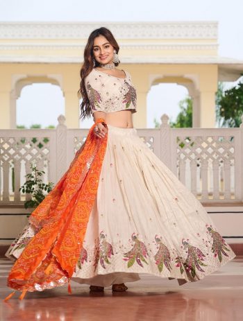 TRADITIONAL TISSUE SILK EMBROIDERY THREAD SEQUENCE WORK LEHENGA CHOLI WITH DUPATTA ORANGE
