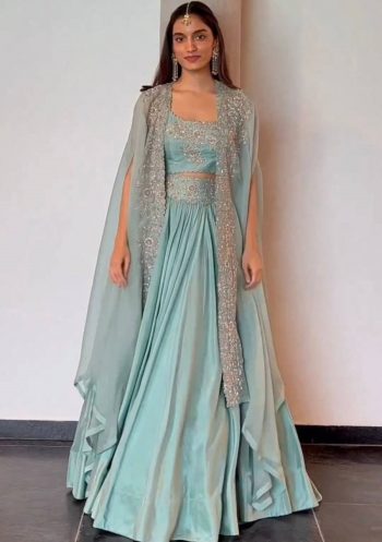 TRENDING CHINON THREAD SEQUENCE WORK LEHENGA CHOLI WITH SHRUG SKY