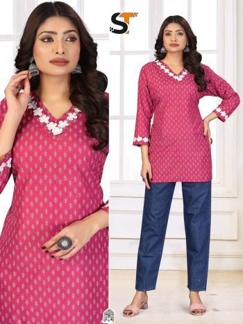 TRENDING COTTON EMBROIDERY WORK SHORT KURTI PINK