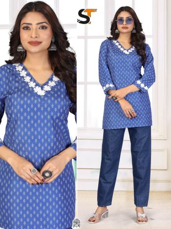 TRENDING COTTON EMBROIDERY WORK SHORT KURTI BLUE