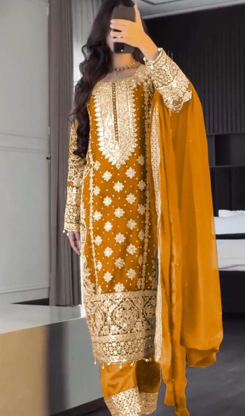 TRENDING GEORGETTE EMBROIDERY SEQUENCE WORK TOP BOTTOM WITH DUPATTA YELLOW