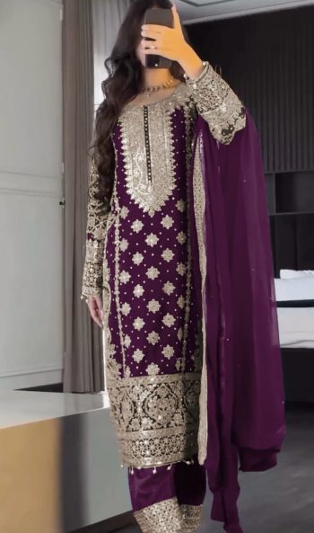 TRENDING GEORGETTE EMBROIDERY SEQUENCE WORK TOP BOTTOM WITH DUPATTA PURPLE