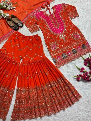 TRENDING GEORGETTE EMBROIDERY SEQUENCE WORK TOP SHARARA WITH DUPATTA ORANGE