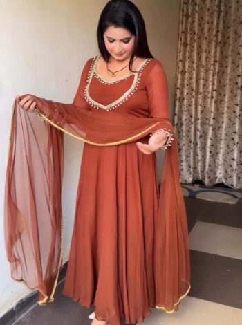 TRENDING GEORGETTE HAND-WORK FENCY MOTI LACE WORK GOWN BOTTOM WITH DUPATTA BROWN