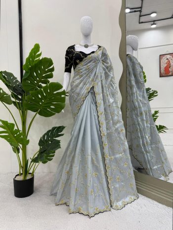 TRENDING JIMMY CHOO EMBROIDERY SEQUENCE WORK SAREE WITH UNSTITCHED BLOUSE   GREY