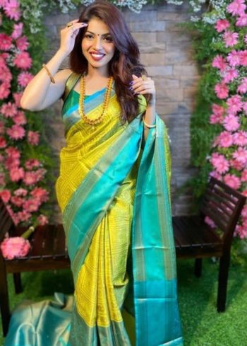 TRENDING  LICHI SILK JACQUARD WORK SAREE WITH UNSTITCHED BLOUSE LEMON