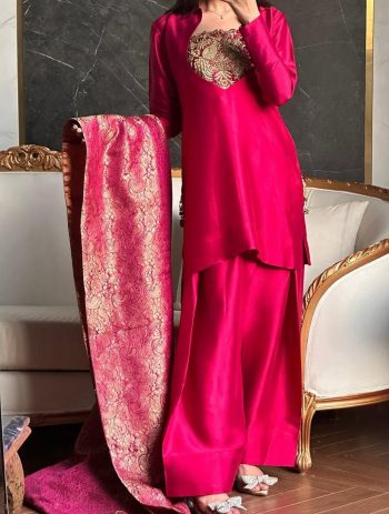 TRENDING MALAI SATIN SILK EMBROIDERY SEQUENCE WORK TOP PATIYALA WITH DUPATTA PINK