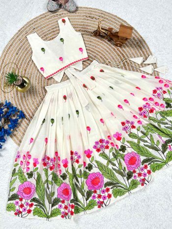 TRENDING SOFT COTTON EMBROIDERY WORK KID'S  LEHENGA CHOLI WHITE