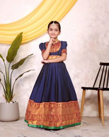 TRENDING TAFFETA SILK JACQUARD WORK KID'S TOP LEHENGA NAVY BLUE