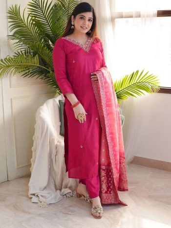 TRENDING VISCOSE RAYON SEQUENCE CODING EMBROIDERY WORK TOP BOTTOM WITH DUPATTA PINK