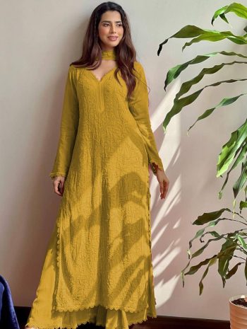 TRENDY GEORGETTE EMBROIDERY THREAD WORK TOP PALAZZO WITH DUPATTA YELLOW