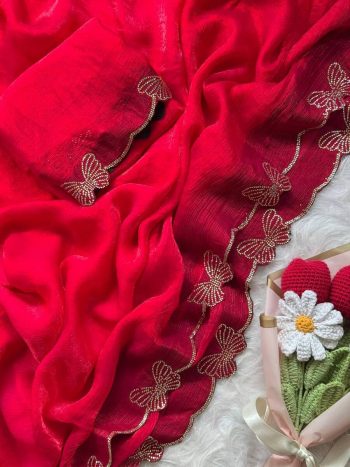 DESIGNER FENDY CHIFFON BUTTERFLY SWAROVSKI WORK WITH SCALLOP BORDER WORK SAREE WITH UNSTITCHED BLOUSE RANI