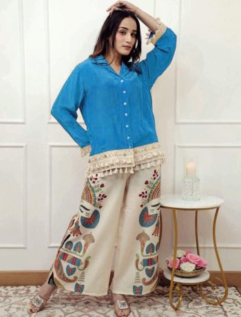 FANCY COTTON BUTTONS AND LACE WORK TOP PALAZZO SET BLUE