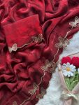 DESIGNER FENDY CHIFFON BUTTERFLY SWAROVSKI WORK WITH SCALLOP BORDER WORK SAREE WITH UNSTITCHED BLOUSE MAROON