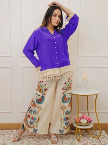 FANCY COTTON BUTTONS AND LACE WORK TOP PALAZZO SET PURPLE