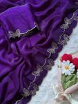 DESIGNER FENDY CHIFFON BUTTERFLY SWAROVSKI WORK WITH SCALLOP BORDER WORK SAREE WITH UNSTITCHED BLOUSE PURPLE