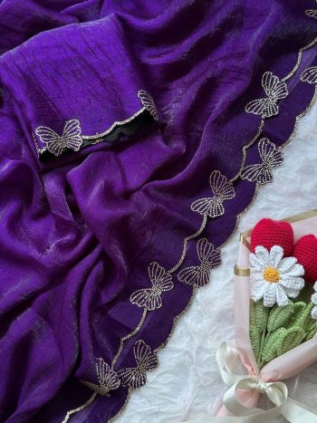 DESIGNER FENDY CHIFFON BUTTERFLY SWAROVSKI WORK WITH SCALLOP BORDER WORK SAREE WITH UNSTITCHED BLOUSE PURPLE