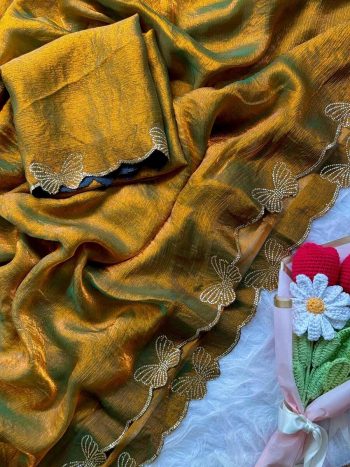 DESIGNER FENDY CHIFFON BUTTERFLY SWAROVSKI WORK WITH SCALLOP BORDER WORK SAREE WITH UNSTITCHED BLOUSE MUSTARD