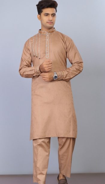 LATEST COTTON THREAD LACE WORK MEN'S KURTA PAYJAMA CHIKU