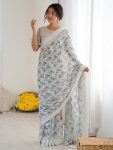 ATTRACTIVE BRIGHT MOSS SATIN PRINTED WORK SAREE WITH UNSTITCHED BLOUSE GREY