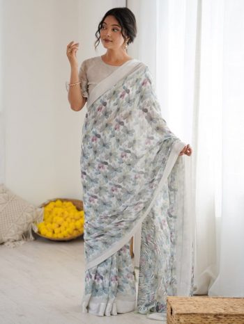 ATTRACTIVE BRIGHT MOSS SATIN PRINTED WORK SAREE WITH UNSTITCHED BLOUSE GREY
