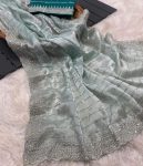 ATTRACTIVE JIMMY CHOO SEQUENCE EMBROIDERY CUT BORDER WORK SAREE WITH UNSTITCHED BLOUSE SKY
