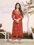 ATTRACTIVE KHADI COTTON EMBROIDERY WORK TOP PENT SET BROWN
