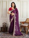 ATTRACTIVE RANGOLI SILK EMBROIDERY WITH PIPING BORDER WORK SAREE WITH UNSTITCHED BLOUSE WINE