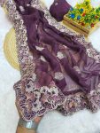 CRUNCHY SILK EMBROIDERY WITH MULTI COLOUR THREAD WORK SAREE WITH UNSTITCHED BLOUSE WINE