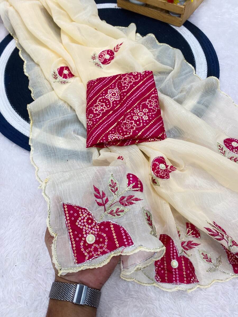 1DESIGNER CRUNCHY CHIFFON BANDHANI PATCH BUTTA WITH HANDWORK SAREE WITH UNSTITCHED BLOUSE WEDDING WEAR WHOLESALE PRICE ETHNIC GARMENT (13)