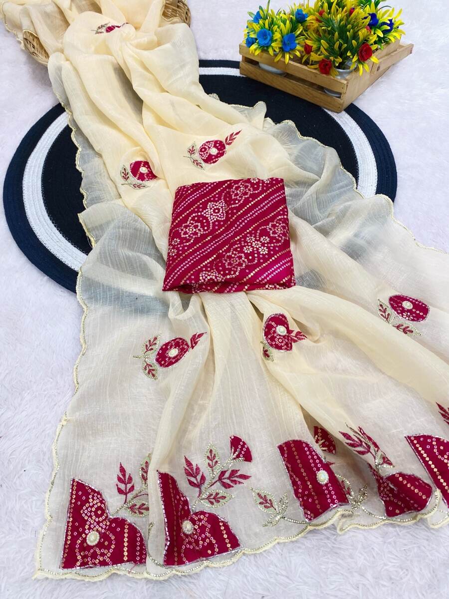 1DESIGNER CRUNCHY CHIFFON BANDHANI PATCH BUTTA WITH HANDWORK SAREE WITH UNSTITCHED BLOUSE WEDDING WEAR WHOLESALE PRICE ETHNIC GARMENT (14)