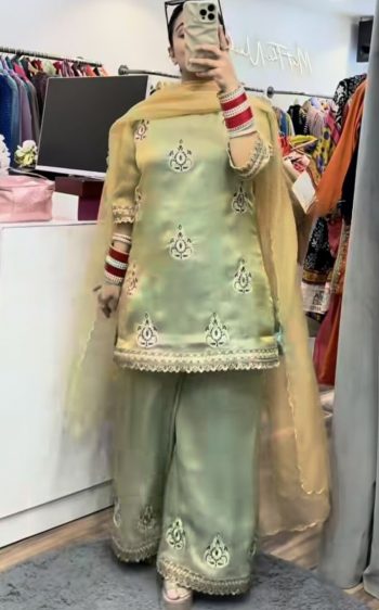DESIGNER FENDY SILK SEQUENCE EMBROIDERY WORK TOP PALAZZO WITH DUPATTA PISTA