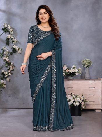 DESIGNER GEORGETTE SILK EMBROIDERY AND REAL MIRROR AND DIAMOND HAND WORK SAREE WITH UNSTITCHED BLOUSE TEAL