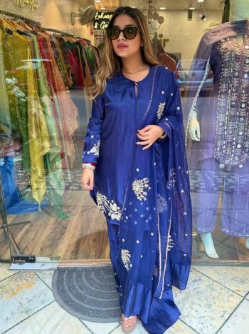 DESIGNER NATURAL CREEP EMBROIDERY SEQUENCE WORK TOP PALAZZO WITH DUPATTA BLUE