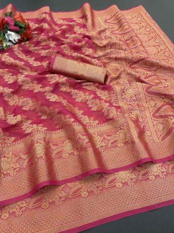 BOLLYWOOD ORGANZA DESIGNER BORDER WORK SAREE WITH UNSTITCHED BLOUSE PINK