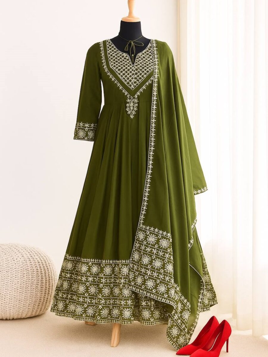 1DESIGNER SHIMMER SILK EMBROIDERY WORK GOWN BOTTOM WITH DUPATTA WEDDING WEAR WHOLESALE PRICE ETHNIC GARMENT (16)