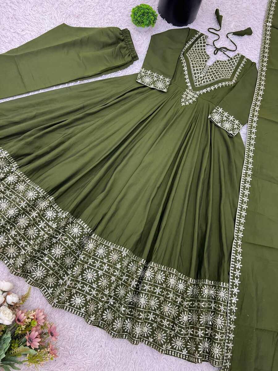 1DESIGNER SHIMMER SILK EMBROIDERY WORK GOWN BOTTOM WITH DUPATTA WEDDING WEAR WHOLESALE PRICE ETHNIC GARMENT (21)